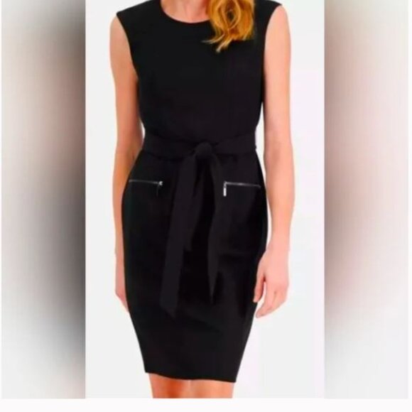 NWT Kasper Black Sleeveless Gold Zip Pockets Belted Sheath Midi Dress Size 10 - Picture 5 of 5